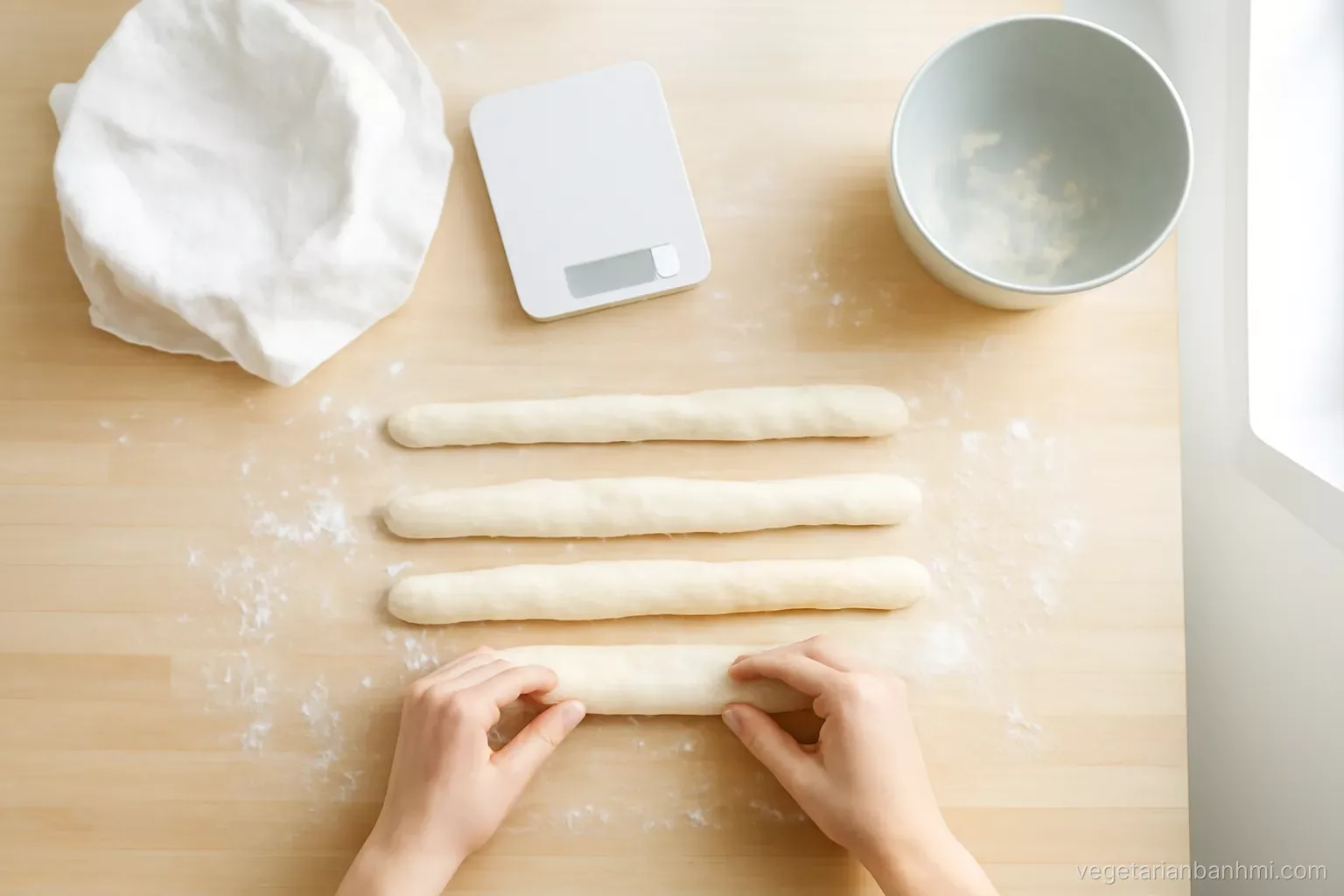 Overhead view of hands shaping pale dough batons on a floured light wooden counter in a sunny modern home kitchen, linen proofing cloth, scale and bowl nearby
