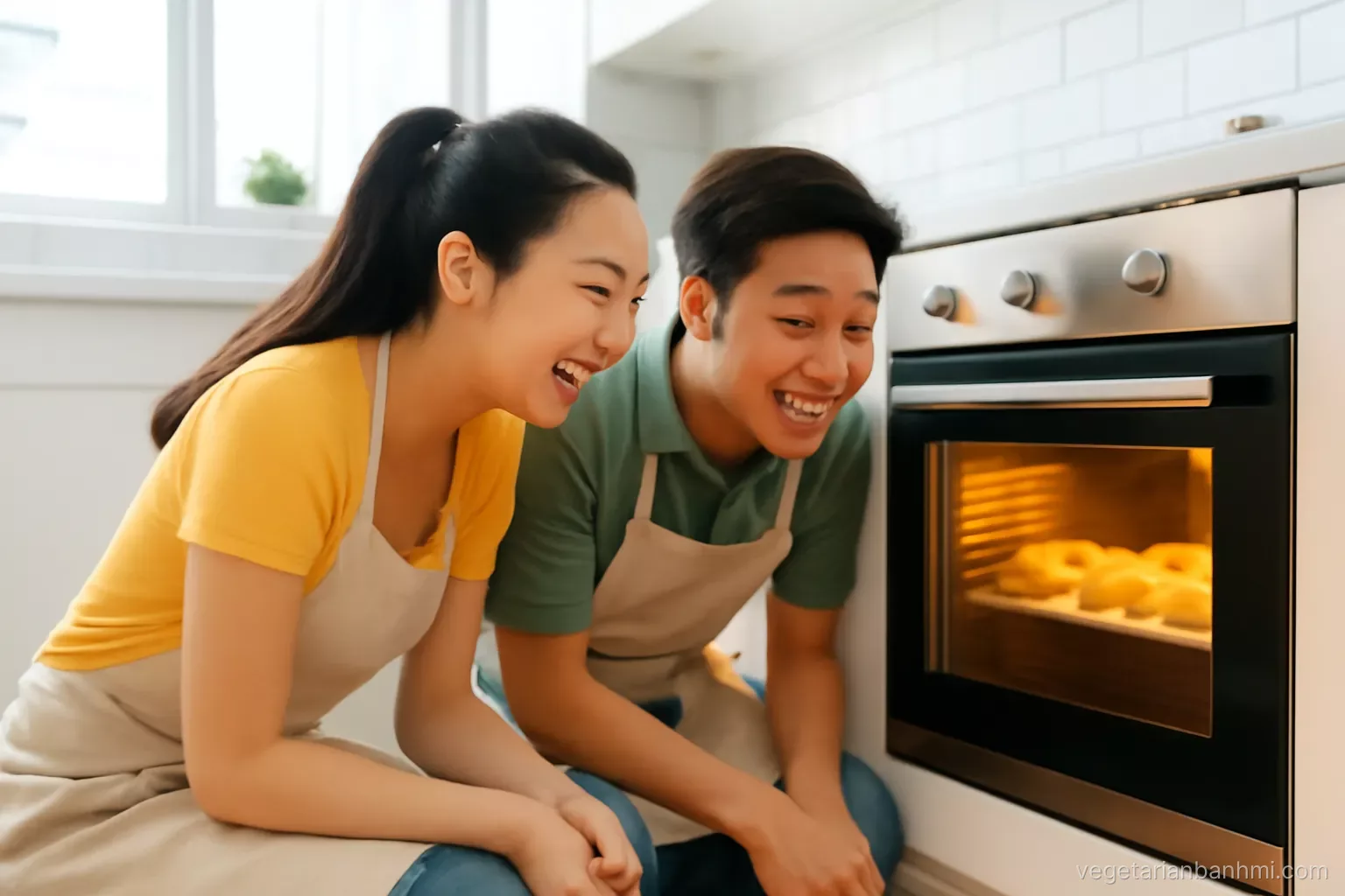 Two young Vietnamese home bakers kneeling at a glowing oven door watching rolls rise through the glass, modern apartment kitchen, low angle, warm bright light, playful mood