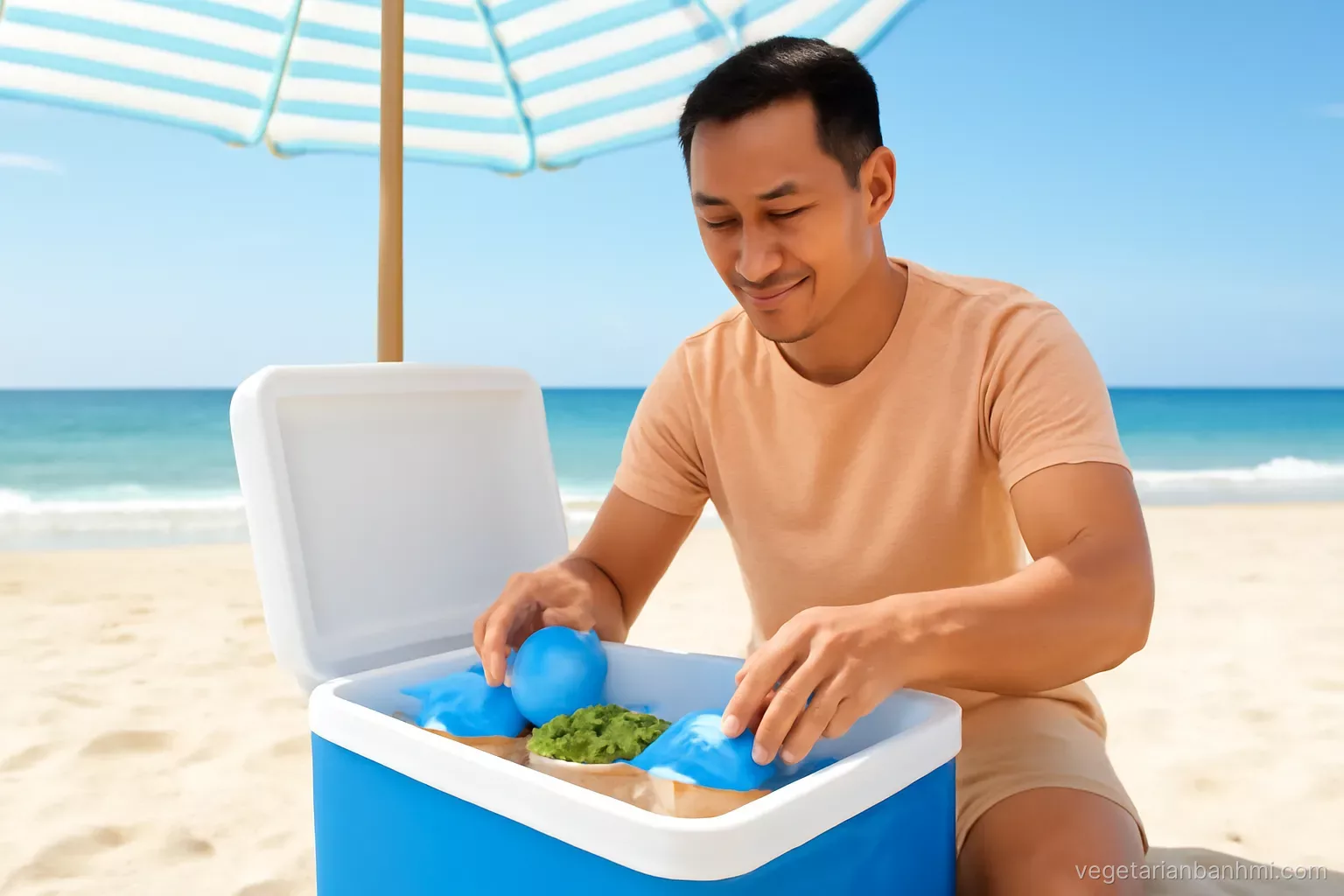 A Vietnamese father tucks frozen ice packs around glass food containers inside a blue cooler on a sandy beach under a striped parasol, close three-quarter angle, bright midday sun