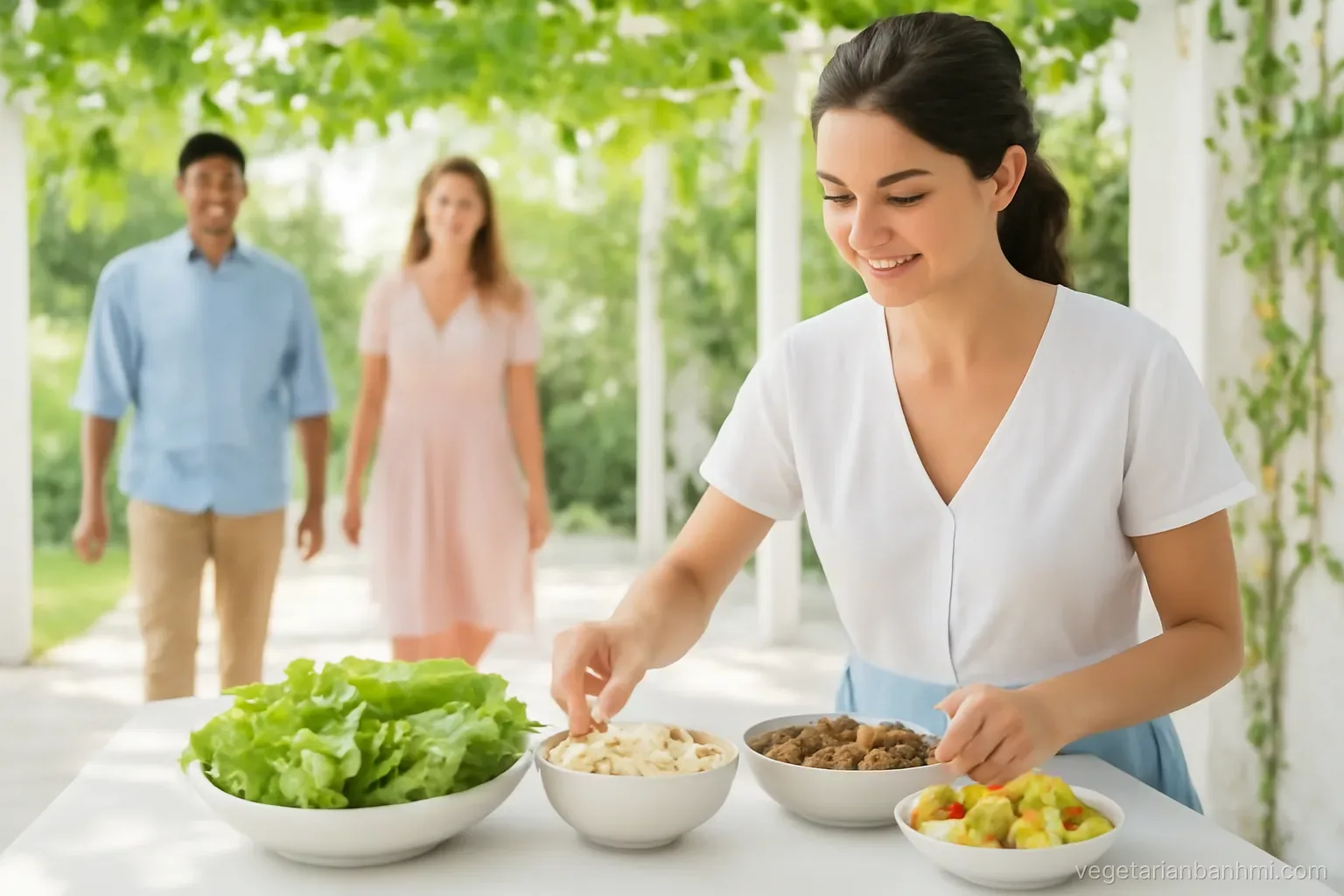 Host setting separate small bowls of tofu, mushrooms, lettuce cups and pickles along a white garden table under a leafy pergola as guests arrive, side angle, airy pastel light.