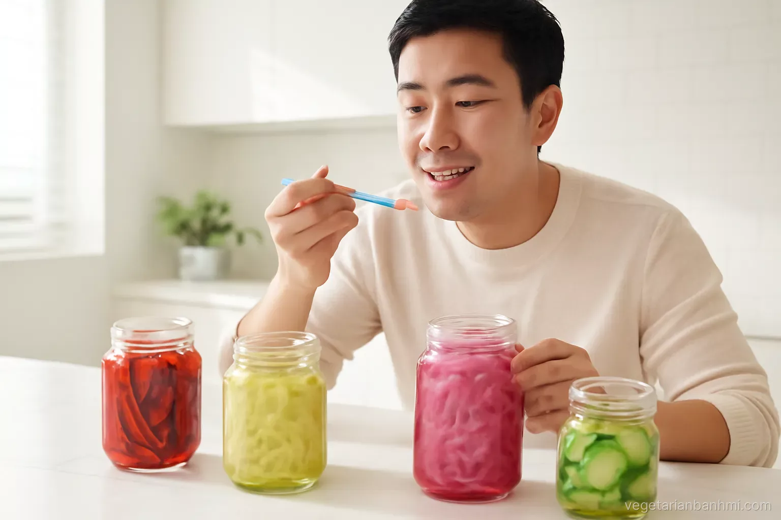Colorful glass jars of pink pickled onions, red chilies, green papaya and cucumbers on a white marble counter, young Vietnamese man tasting with a fork, morning light, wide angle