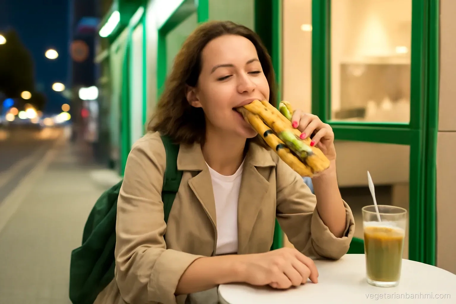 Traveller at a small sidewalk table outside a modern green-accented shop late at night, biting a vegan Vietnamese baguette sandwich split lengthwise beside an iced coffee, glowing street, eye-level.
