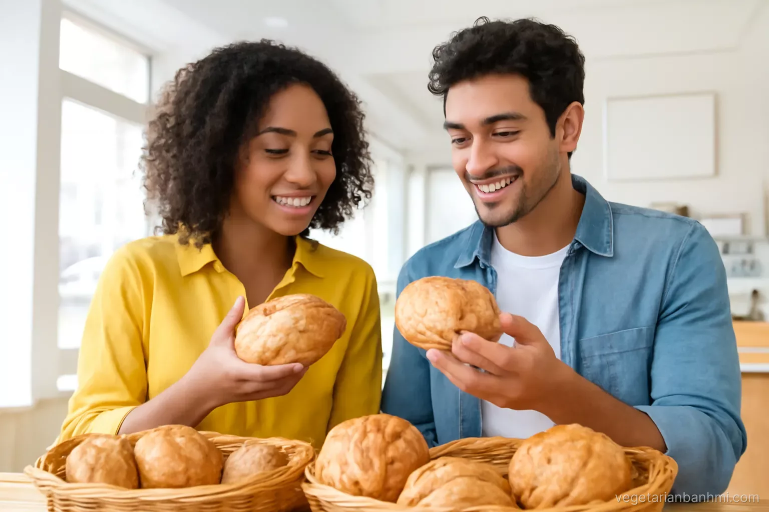 A young mixed-ethnicity couple comparing crusty bread rolls in a bright modern neighbourhood bakery abroad, wicker baskets of rolls, eye-level angle, airy daylight, cheerful colours
