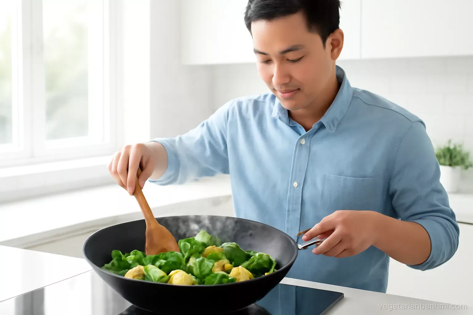 A Vietnamese man stir-fries bright green bok choy and tofu in a wok on a modern induction stove, steam rising, three-quarter angle, airy white kitchen with large window light