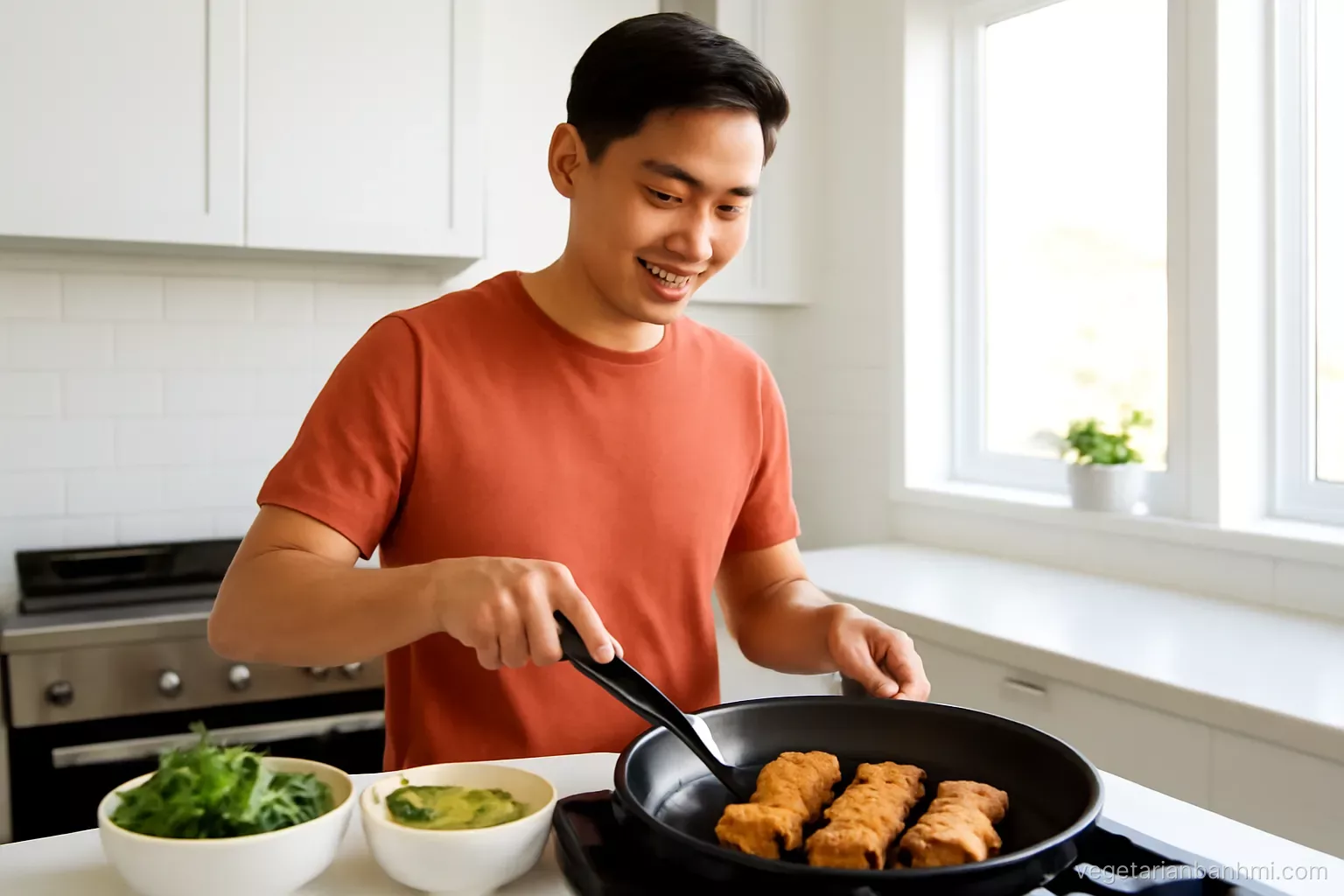 Three-quarter angle of a young Vietnamese man at a stovetop flipping thin glazed tempeh slices in a black skillet, bowls of herbs and pickles nearby, bright clean apartment kitchen