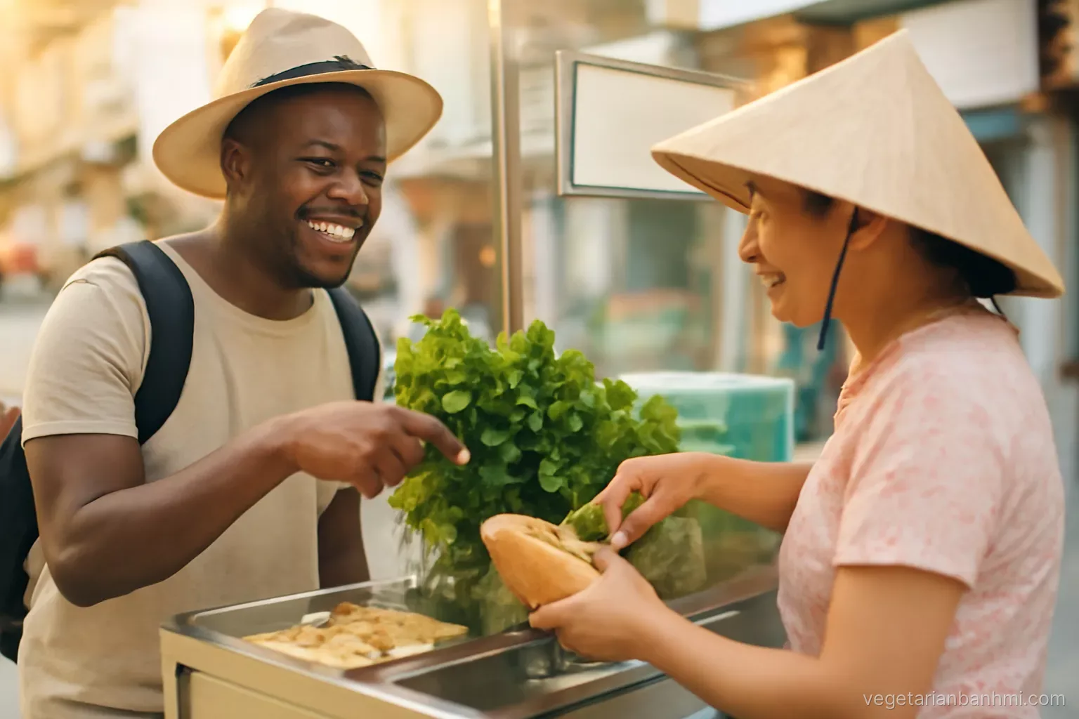 Smiling Black traveller at a Saigon street stall pointing at fresh mint while a Vietnamese vendor fills a crusty split baguette, warm evening glow, over-shoulder angle