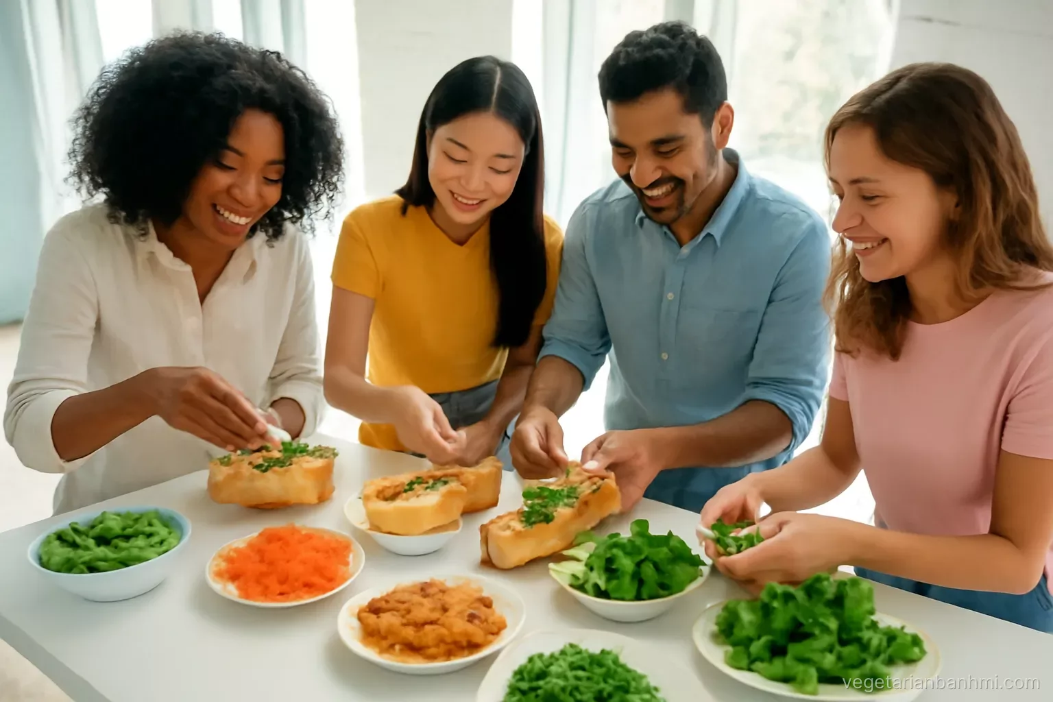 Friends of mixed ethnicities filling vegan Vietnamese baguette sandwiches split lengthwise at a long buffet table of tofu, pickles and herbs in a sunny loft, high angle.