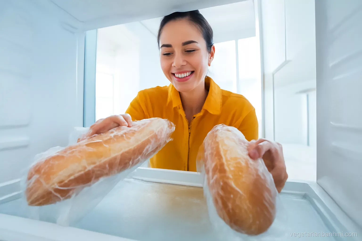 A woman slides crusty Vietnamese baguettes, split lengthwise and wrapped in clear freezer bags, into a frosty freezer drawer, low angle from inside the drawer, cool bright light.