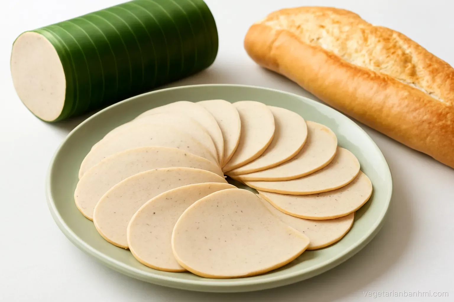 Macro shot of thin pale seitan cold cut slices fanned on a sage green plate beside a banana-leaf-wrapped log and a crusty Vietnamese baguette split lengthwise, diffused daylight.