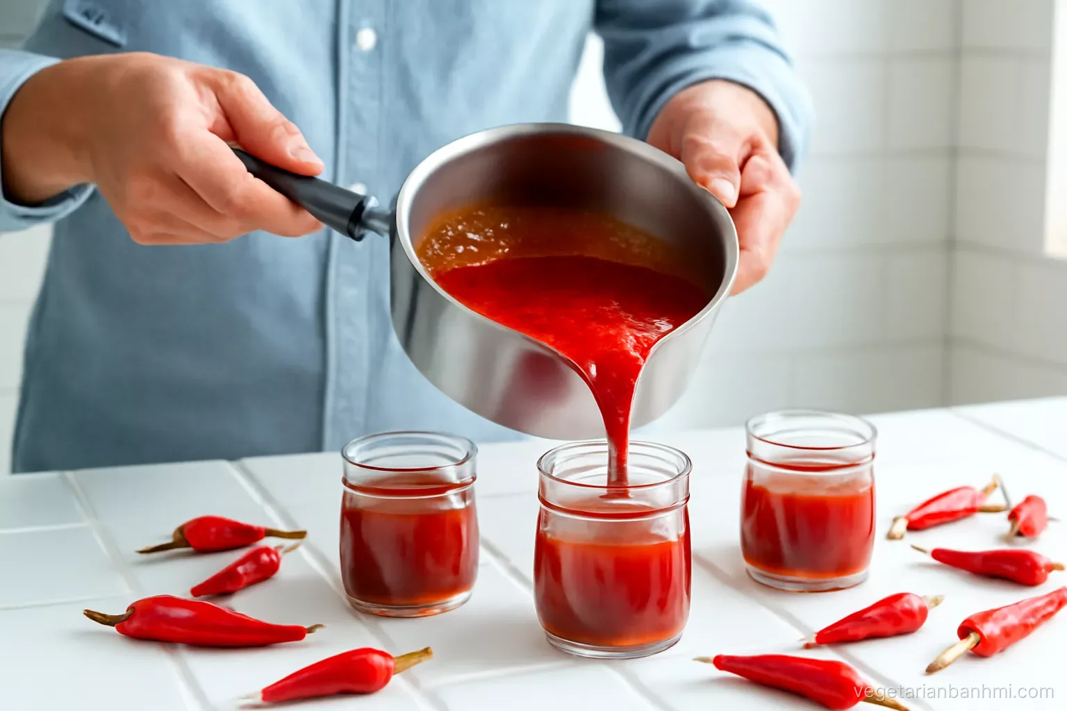 Hands of a Vietnamese man pouring glossy red chili sauce from a saucepan into small glass jars on a bright tiled stovetop, fresh red chilies scattered, three-quarter angle