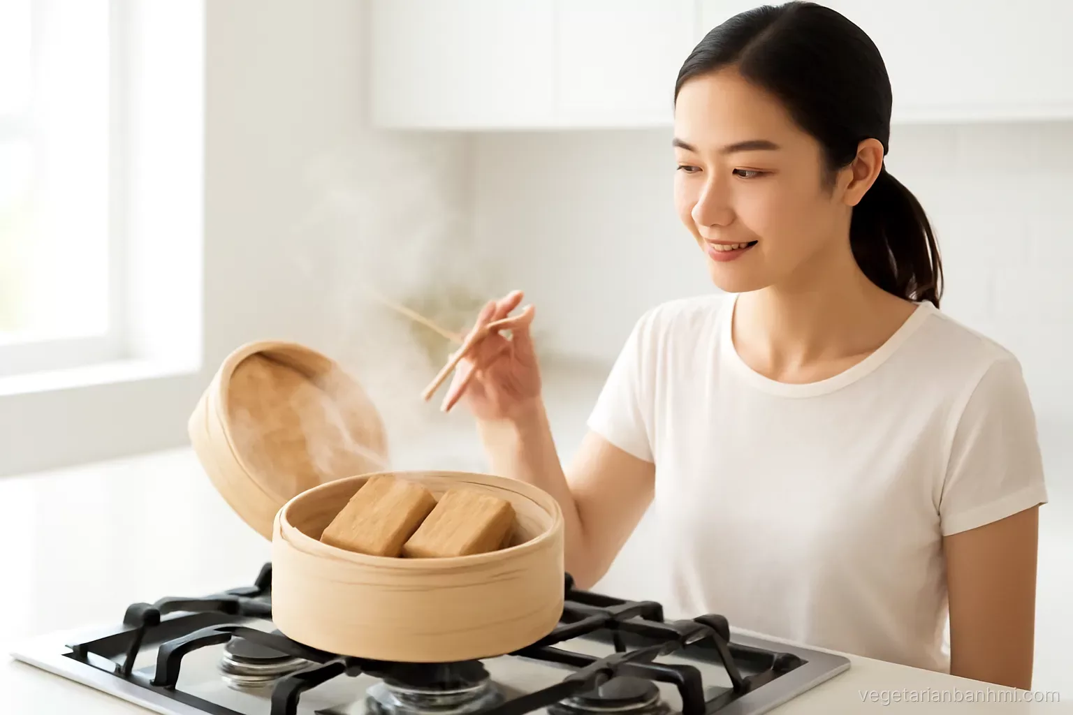 Side angle of a bamboo steamer basket opened on a gas hob, steam curling over two blocks of tempeh, a young woman holding chopsticks, clean minimalist white kitchen, morning light