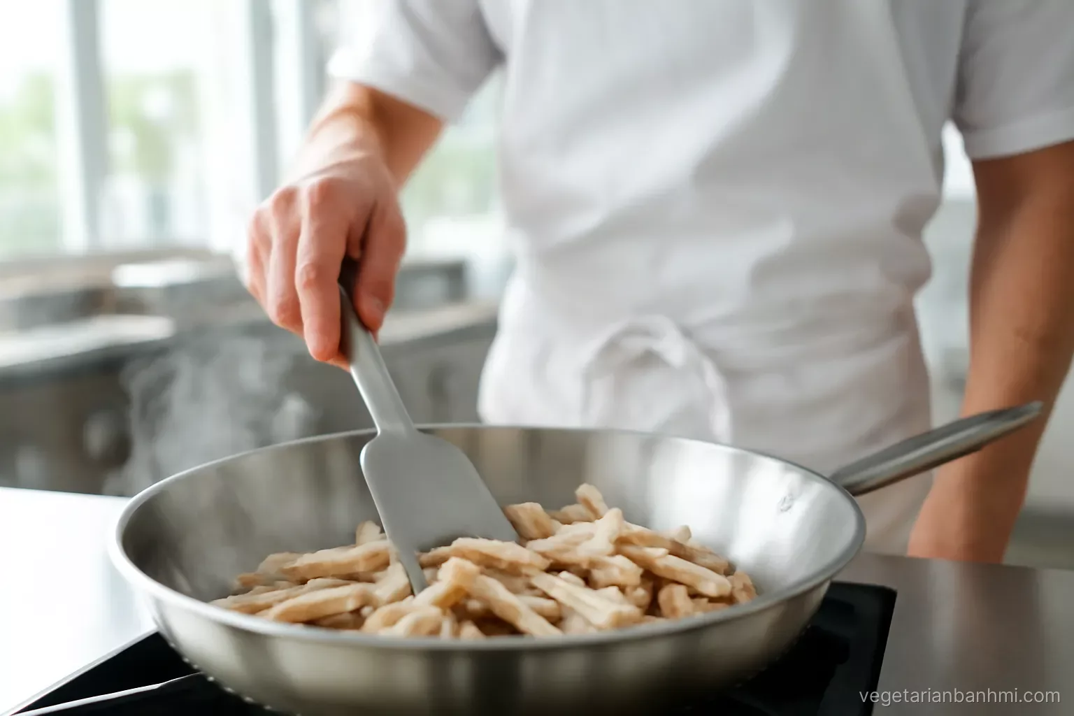 Close-up action shot of a spatula pressing oyster mushrooms flat in a sizzling stainless steel pan, steam rising, a chef in a white apron, bright open restaurant kitchen