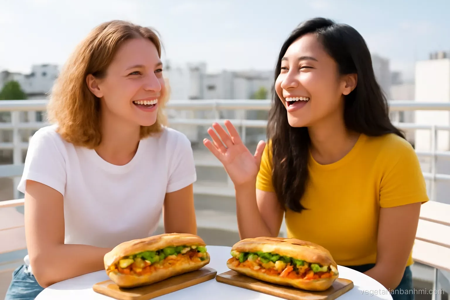 Young traveller and a Vietnamese friend laughing on a sunny rooftop cafe terrace, the friend gesturing mid-sentence, two vegan Vietnamese baguette sandwiches split lengthwise on the table.
