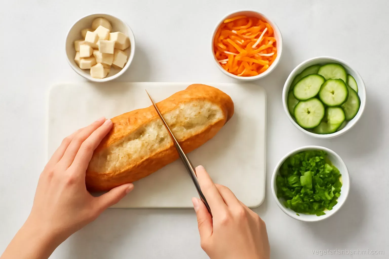 Overhead flat lay of hands slicing a crusty airy Vietnamese baguette lengthwise on a pale marble board, tofu, pickled carrot and daikon, cucumber and cilantro in small bowls