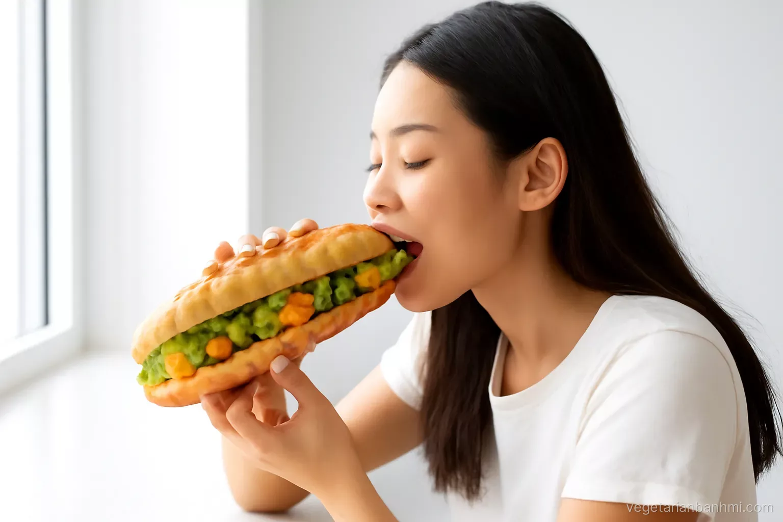 Candid side angle of a young Vietnamese woman biting a lemongrass tofu banh mi, crusty airy baguette split lengthwise, pickled carrot and cilantro visible, bright window counter, morning light