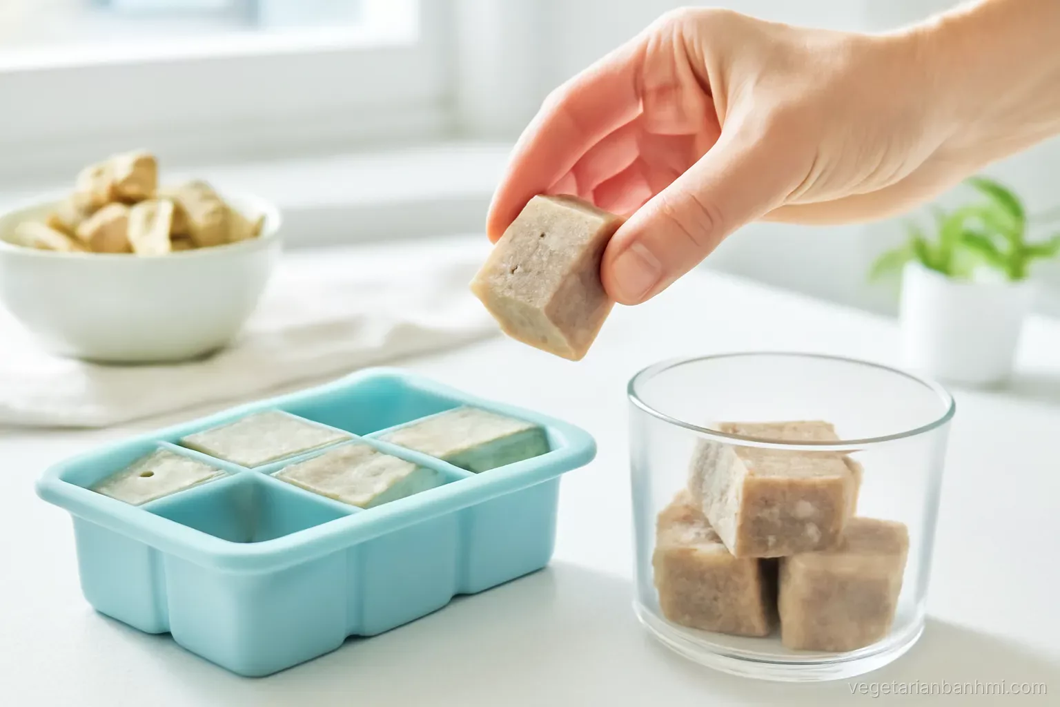 A hand pops frozen cubes of mushroom pate from a silicone ice cube tray into a glass container on a bright kitchen counter, macro angle, cool morning light