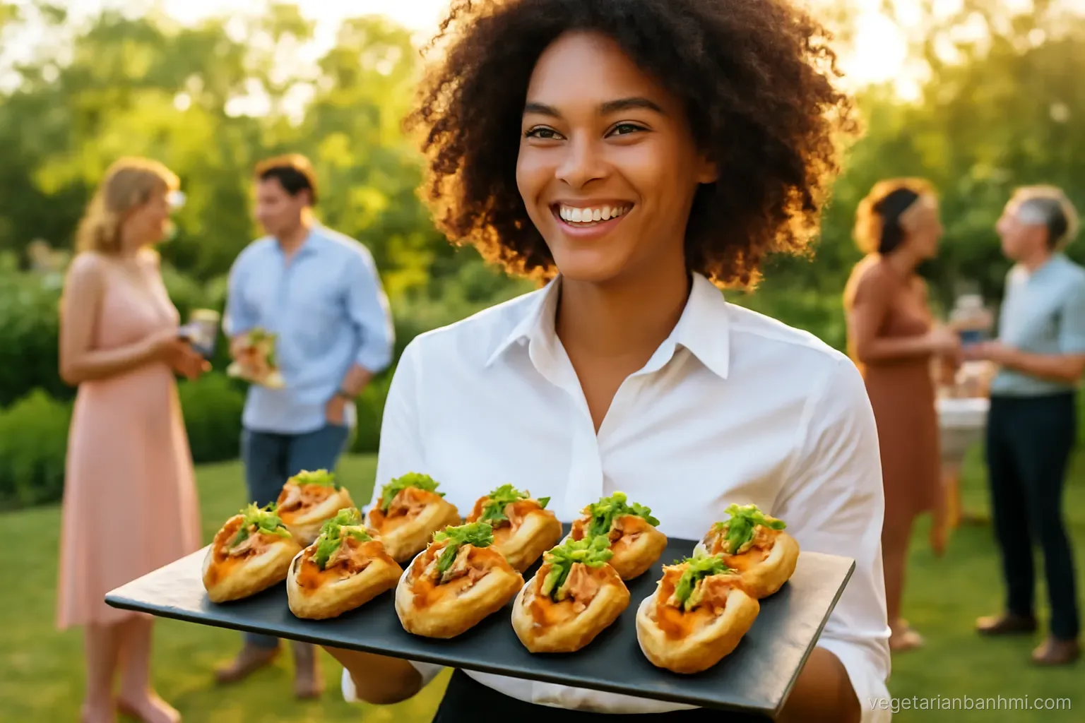 Smiling server carrying a slate tray of mini vegan Vietnamese baguette bites, each split lengthwise, through a garden cocktail party, guests blurred, low angle, golden-hour light.