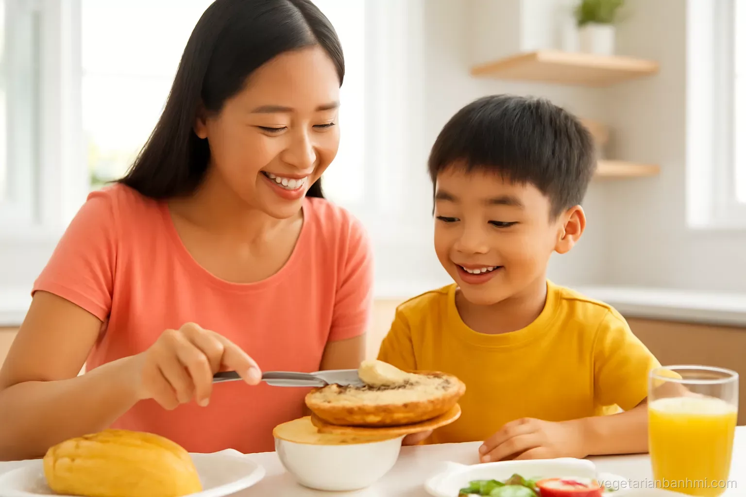Vietnamese mother spreading smooth beige lentil pate onto a split crusty Vietnamese baguette for her young son at a sunny kitchen breakfast bar, eye-level, cheerful.