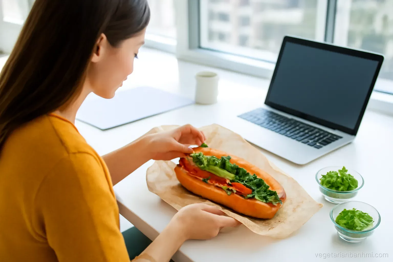 A young office worker unwraps a vegan Vietnamese baguette sandwich split lengthwise from parchment at a bright co-working desk by a big window, small containers of herbs beside, over-the-shoulder angle.
