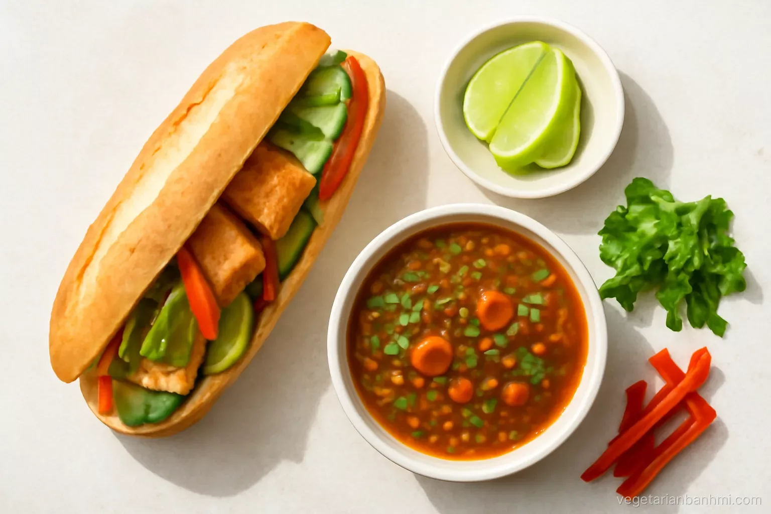 Overhead shot of a vegan lunch on a pale stone counter: a tofu Vietnamese baguette sandwich split lengthwise, lime wedges, red pepper strips, fresh herbs and lentil soup, bright daylight.