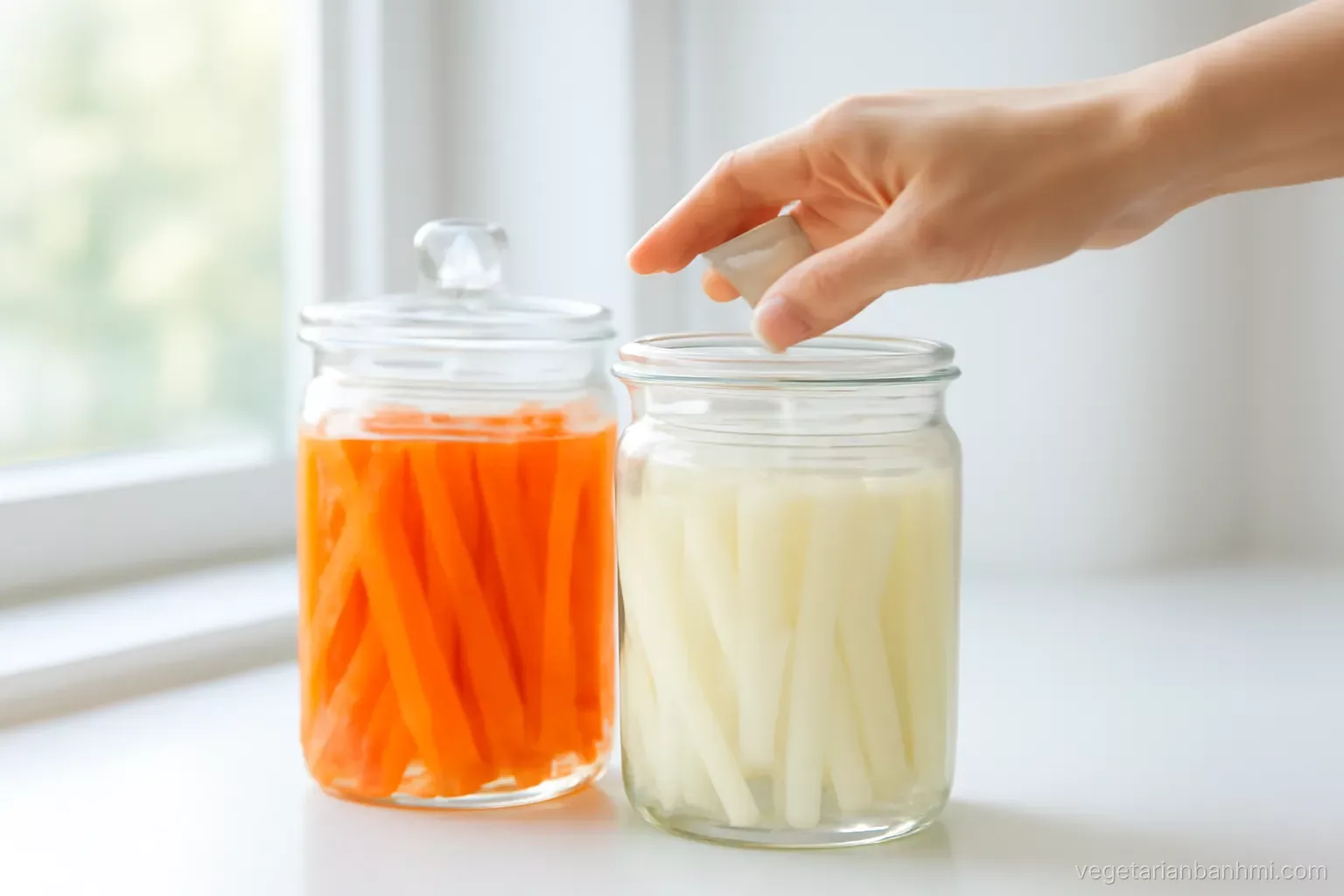 Two clear glass fermentation jars of carrot and daikon with tiny bubbles on a bright windowsill, a hand pressing a glass weight into one jar, macro side angle, soft backlight