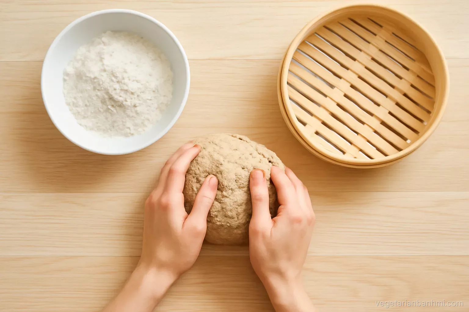 Overhead flat lay of hands kneading seitan dough beside a bowl of wheat flour and a steamer basket on a pale oak table, airy Scandinavian kitchen, soft daylight