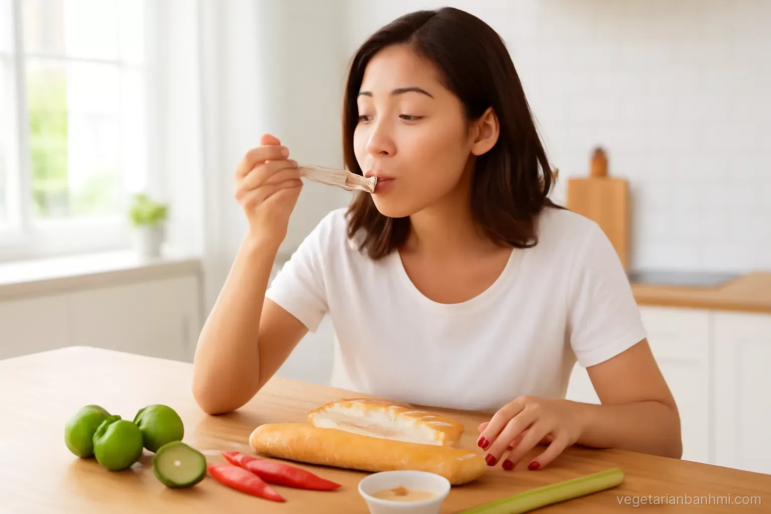A woman tastes a dressing from a small spoon at a sunlit wooden kitchen island scattered with limes, chilies, lemongrass and a Vietnamese baguette split lengthwise, candid angle.