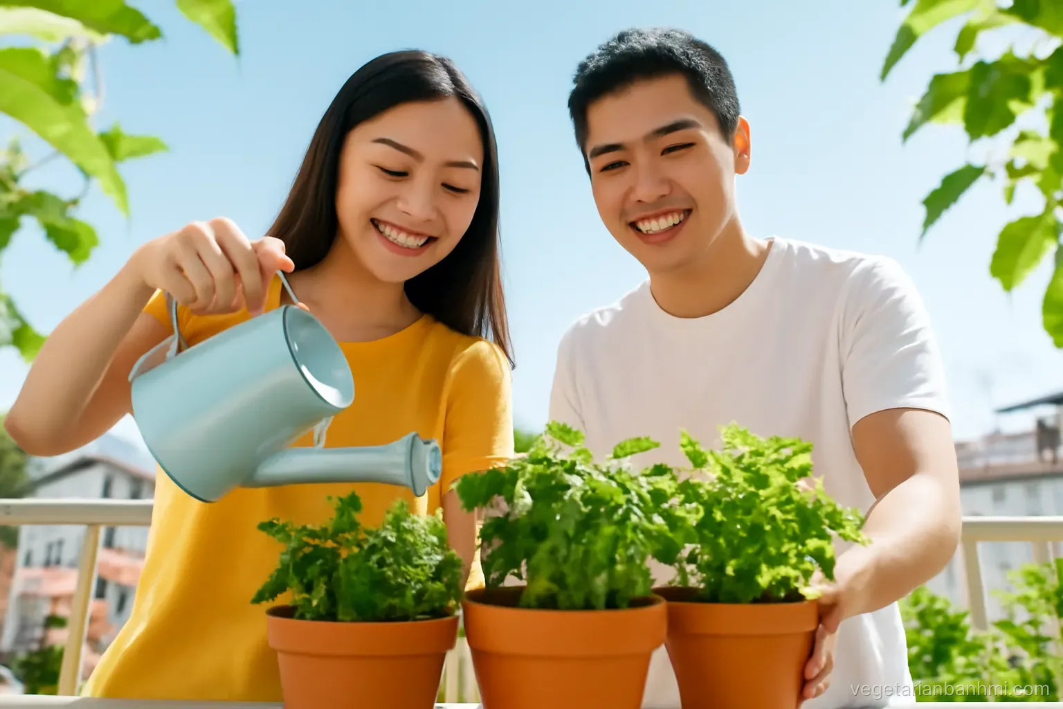 Young Vietnamese couple watering potted mint, Thai basil and cilantro on a sunny apartment balcony with city rooftops behind, leafy and fresh, low angle looking up through the plants
