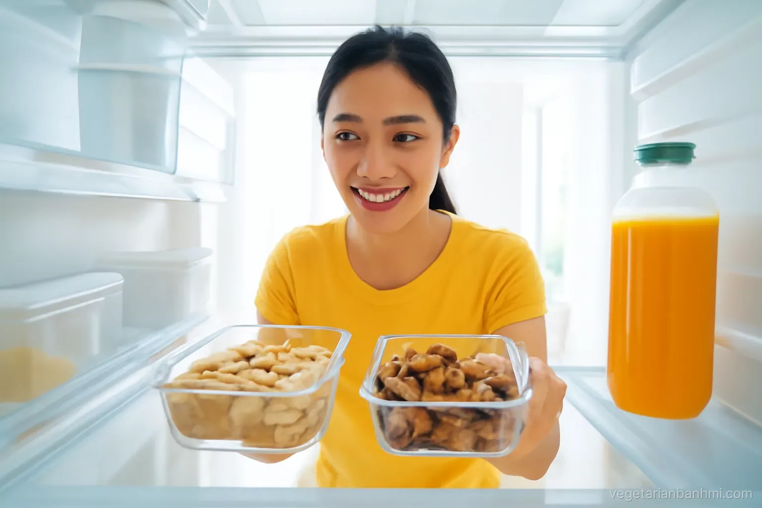 A Vietnamese woman places plain clear glass containers of cooked tofu and sauteed mushrooms into a bright, organized refrigerator, viewed from inside the fridge looking out, cool fresh light