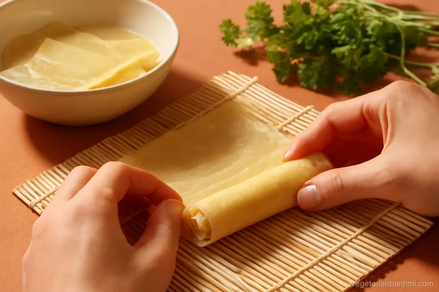 Close-up of fingers rolling soft golden tofu skin sheets into a tight log on a bamboo mat, a bowl of soaking sheets and herbs nearby, terracotta countertop, warm sunlight
