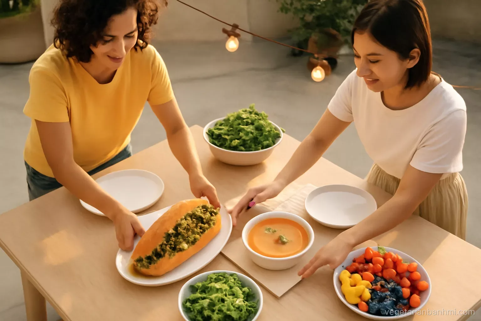 Two friends setting a courtyard table with a vegan Vietnamese baguette sandwich split lengthwise, soup bowls, herb salad and a fruit platter, overhead view, string lights, golden evening.