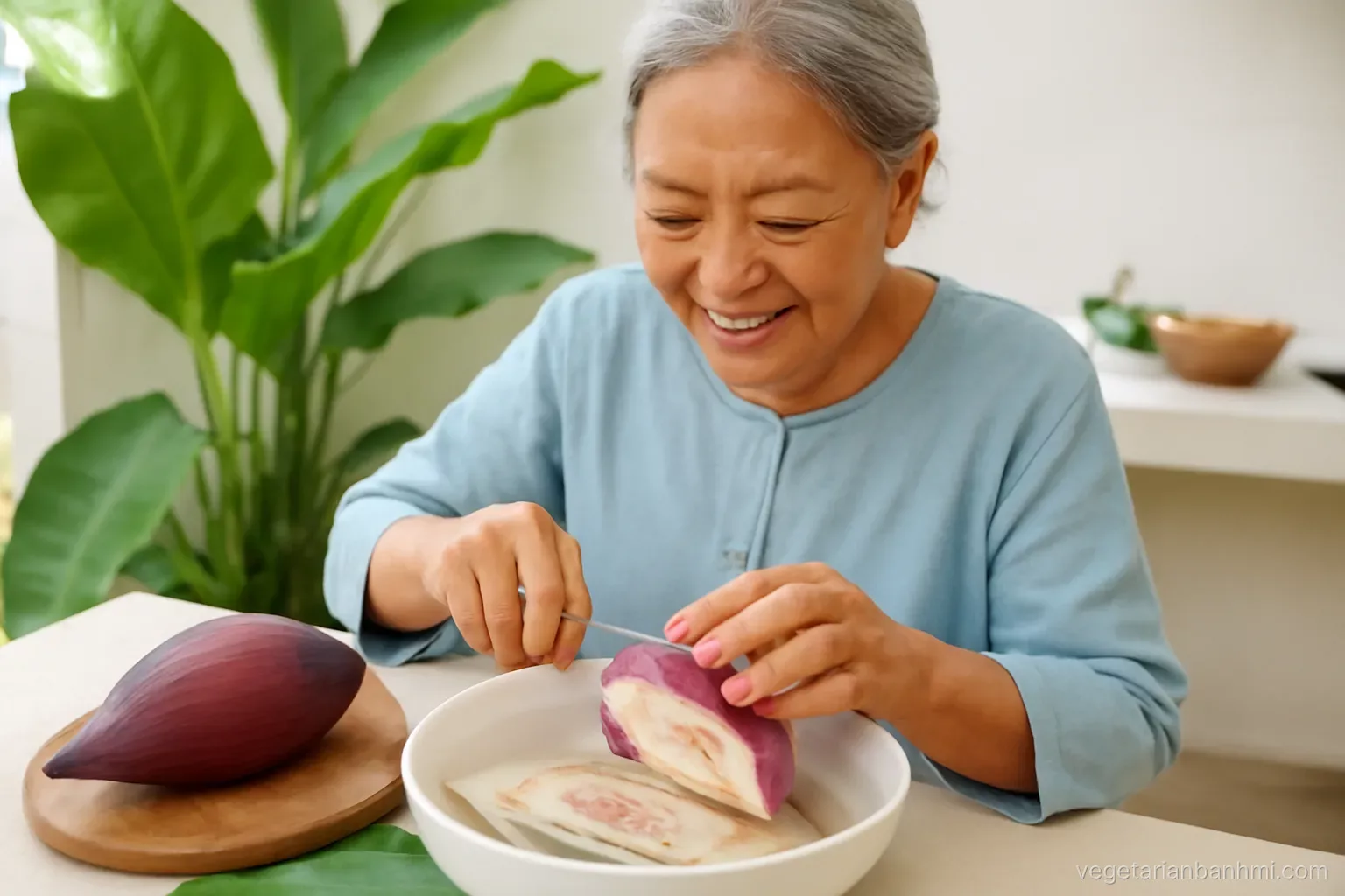 Close-up of a Vietnamese grandmother finely slicing a purple banana blossom into a bowl of lime water in an open-air courtyard kitchen, banana leaves behind, overhead angle, bright soft light