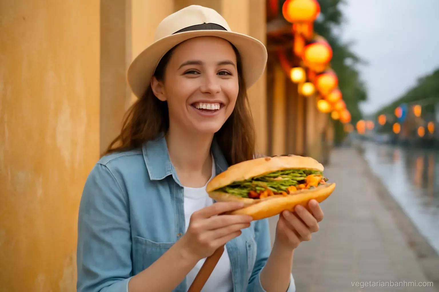 Smiling traveller holding a vegan Vietnamese baguette sandwich split lengthwise on an old ochre-walled riverside street at dusk, lanterns glowing out of focus, medium shot from a slightly low angle.