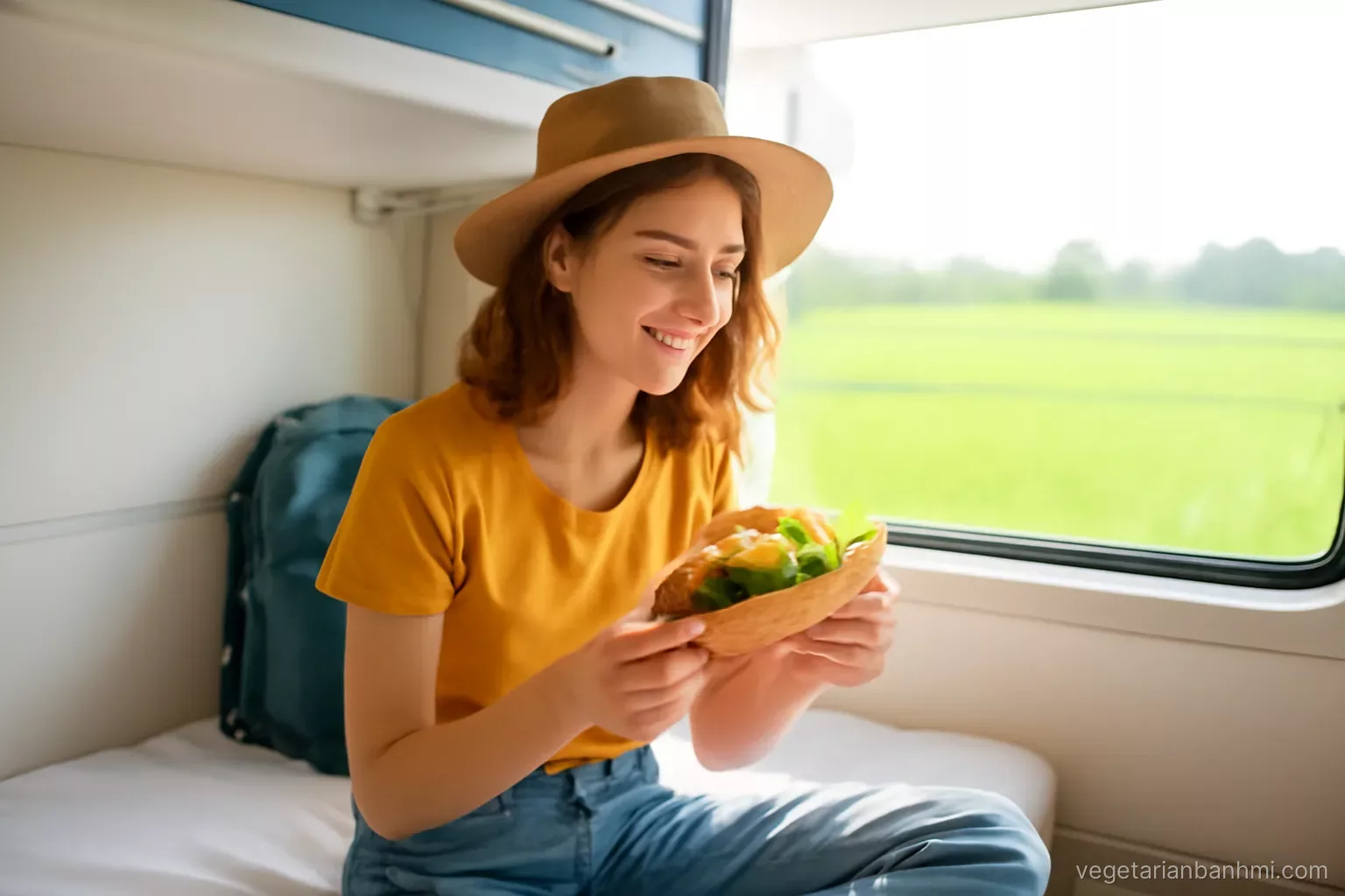 Young traveller on a lower berth of a Vietnamese sleeper train unwrapping a vegan Vietnamese baguette sandwich split lengthwise, green rice fields blurring past the window, eye-level, bright morning light