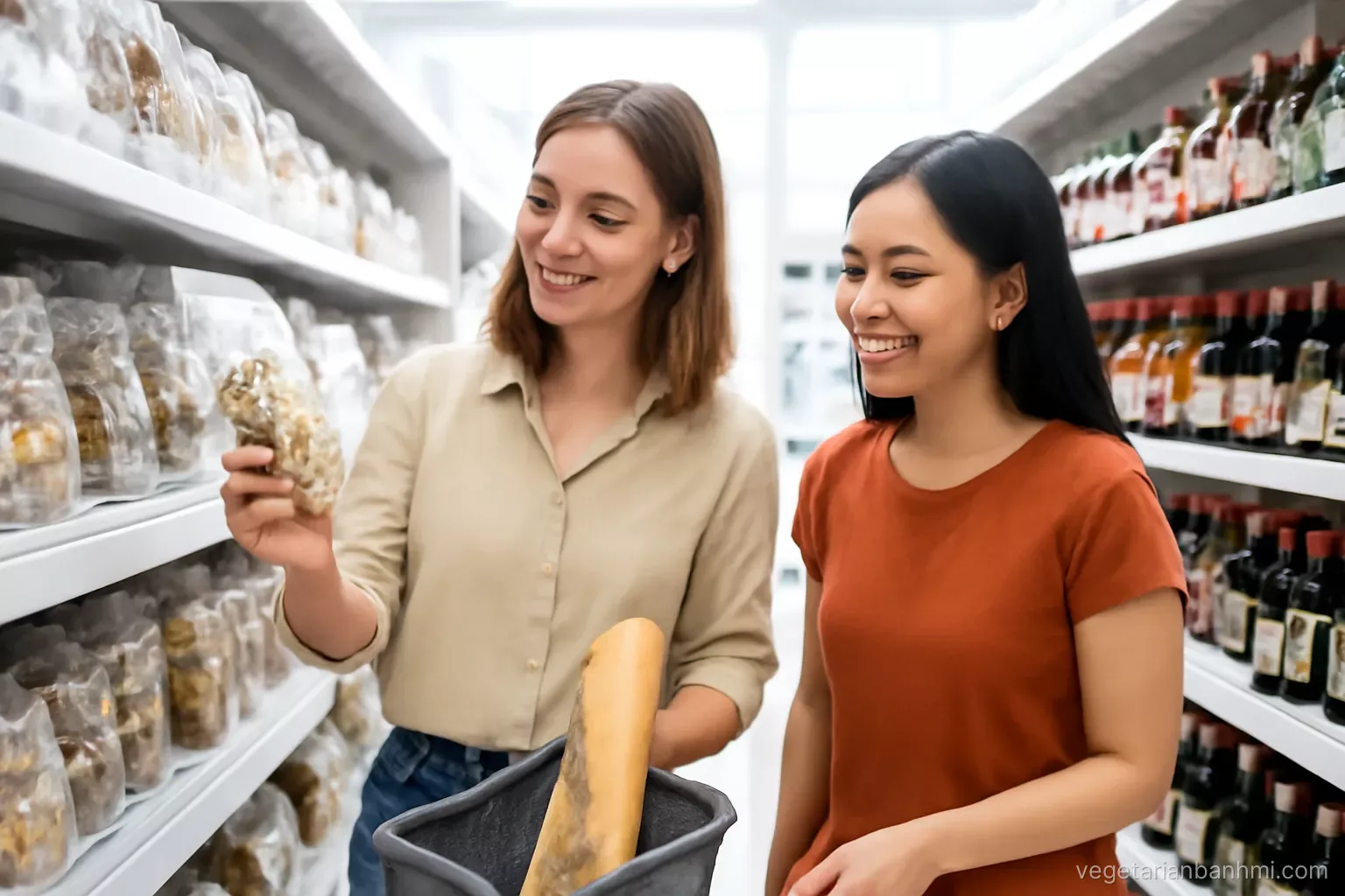 Traveller and Vietnamese friend browsing shelves of dried mushrooms and bottled sauces in a bright modern supermarket aisle, a basket with a fresh Vietnamese baguette split lengthwise, wide side angle