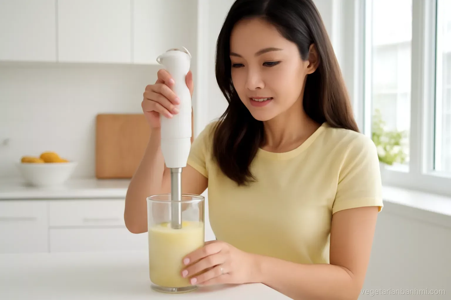 Young Vietnamese woman blending pale yellow soy milk mayonnaise in a tall glass jar with an immersion blender, bright white kitchen counter, morning window light, close side angle