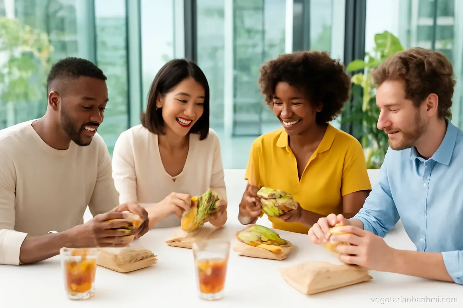 Colleagues of mixed ethnicities around a bright meeting table unwrapping paper-wrapped vegan Vietnamese baguette sandwiches split lengthwise with iced teas, glass walls and plants behind, three-quarter angle.