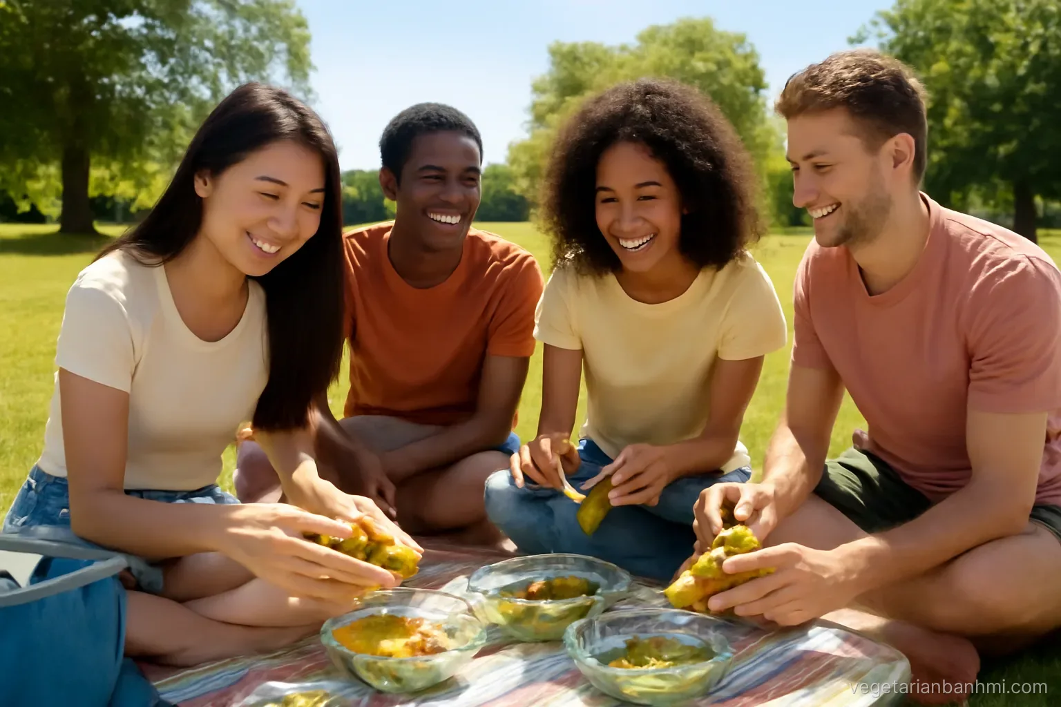 Friends of mixed ethnicities on a striped blanket in a green park filling vegan Vietnamese baguette sandwiches split lengthwise from glass containers, cooler bag nearby, wide eye-level shot, summer sun.