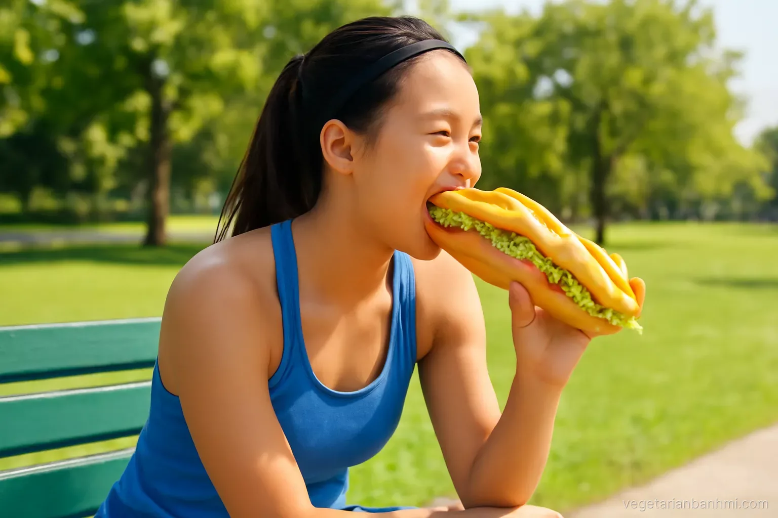 A young Vietnamese woman in running clothes bites into a tofu Vietnamese baguette sandwich split lengthwise on a park bench after a morning jog, medium side shot, bright sun.