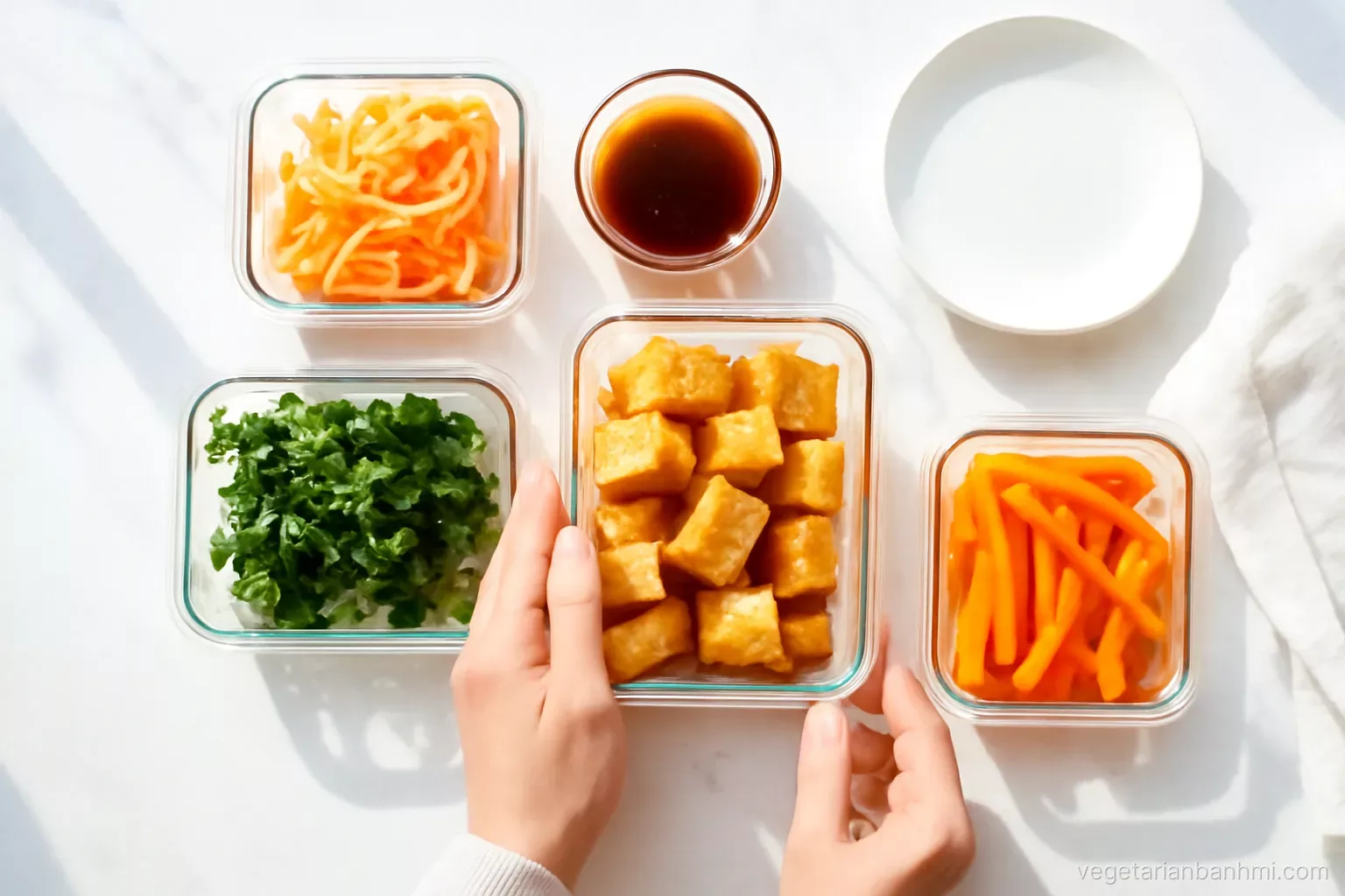 Overhead view of a bright kitchen counter with neat glass containers of golden tofu, pickled carrot and daikon, herbs and sauce, a person arranging them, crisp morning light