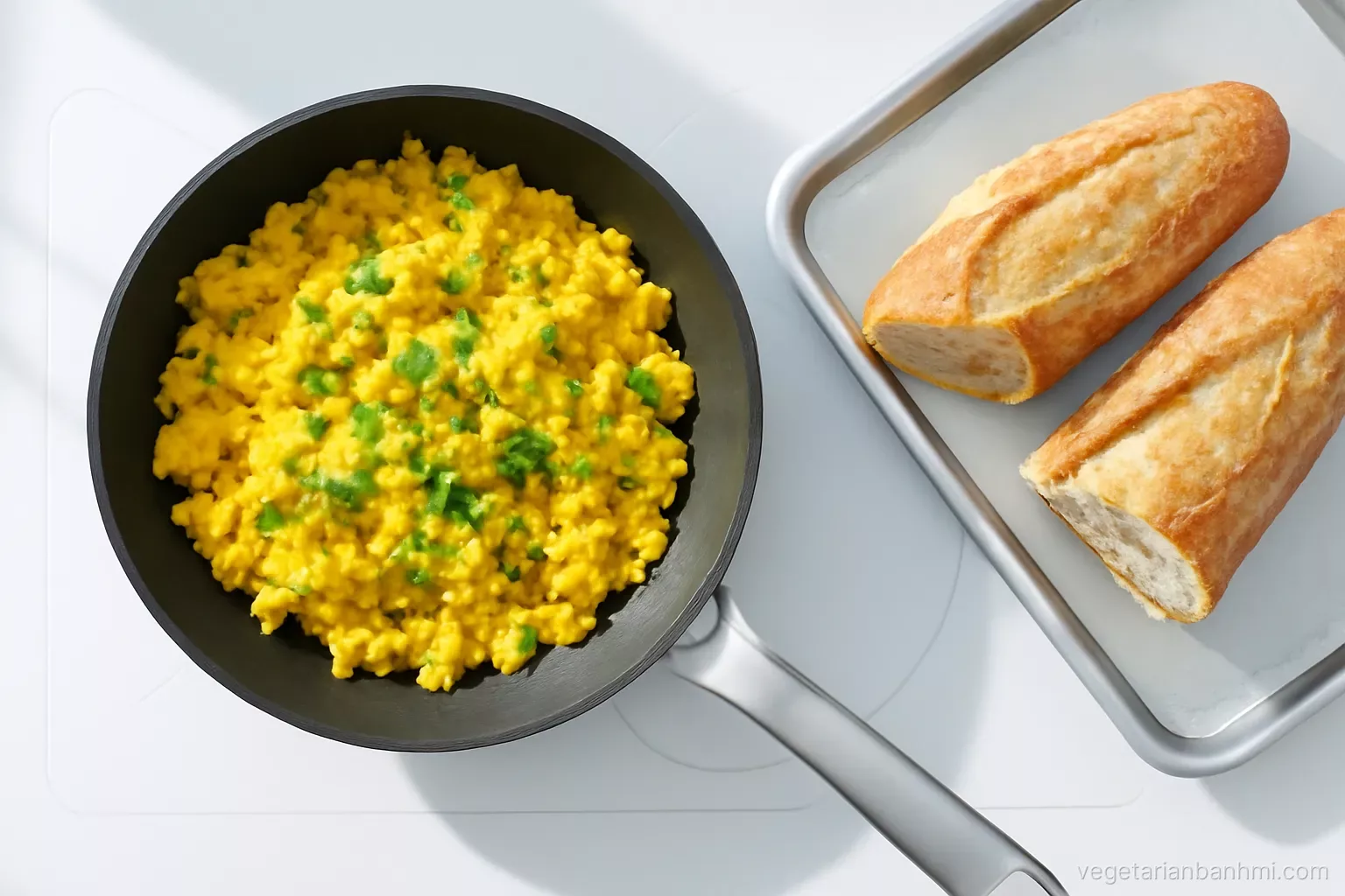 Overhead shot of a nonstick pan of fluffy yellow tofu scramble with green scallions on a white induction hob, split crusty airy Vietnamese baguettes on a tray beside, bright morning