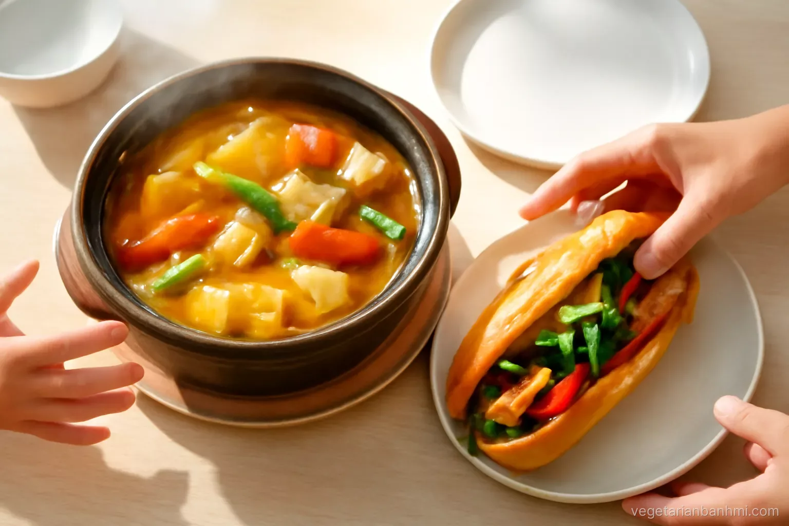 Steaming clay pot of golden sour soup with tofu, pineapple, tomato and okra beside a vegan Vietnamese baguette sandwich split lengthwise on a sunlit table, family hands reaching in.