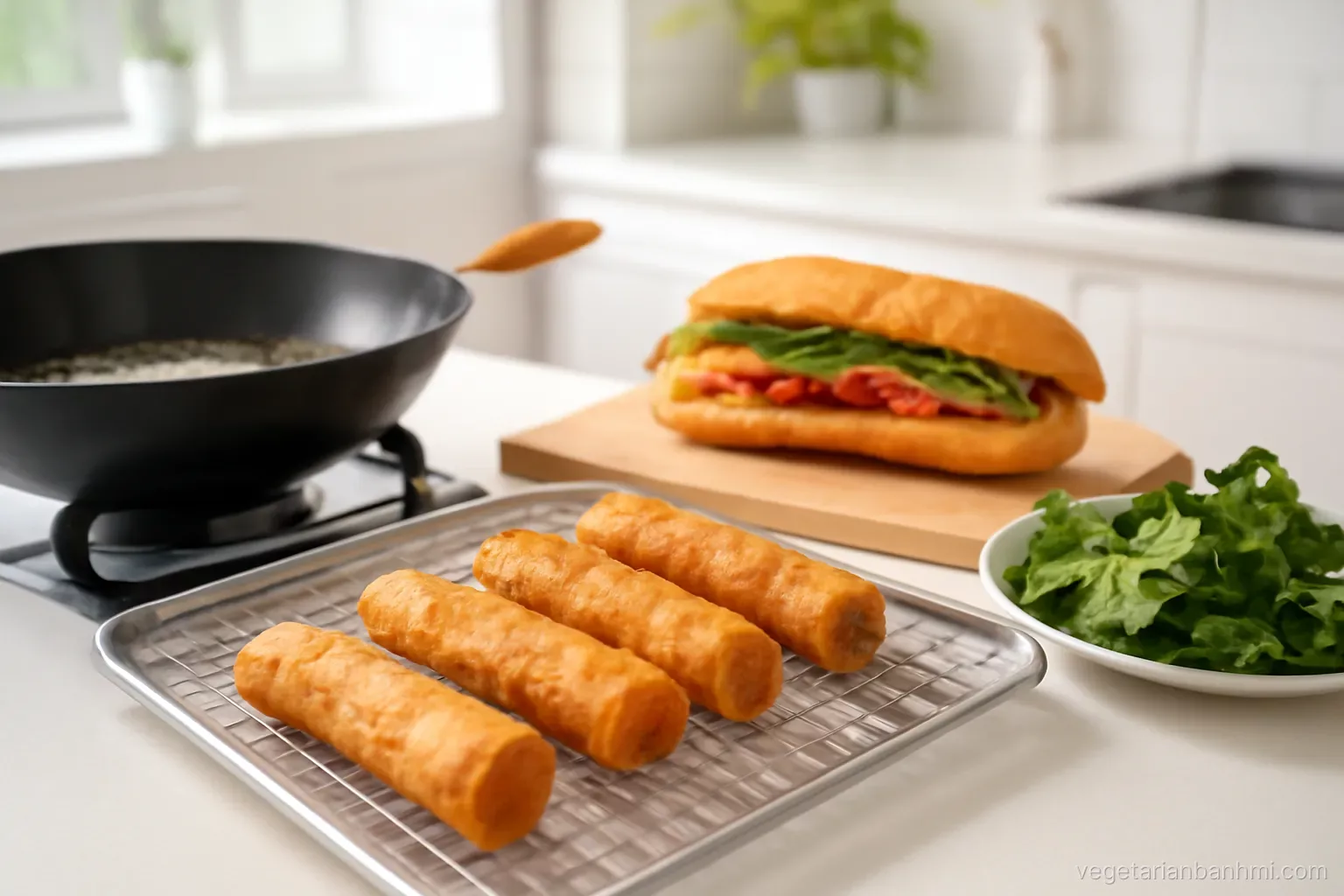 Golden vegan fried spring rolls draining on a wire rack beside a sizzling wok, a Vietnamese baguette sandwich split lengthwise and herb plate nearby, bright kitchen, low side angle