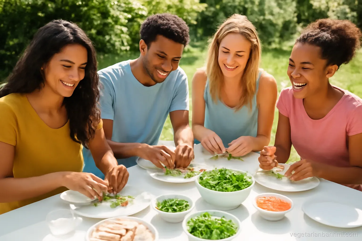 Group of mixed-ethnicity friends rolling translucent rice paper rolls with tofu and herbs at a long bright picnic table in a garden, overhead three-quarter angle, cheerful daylight
