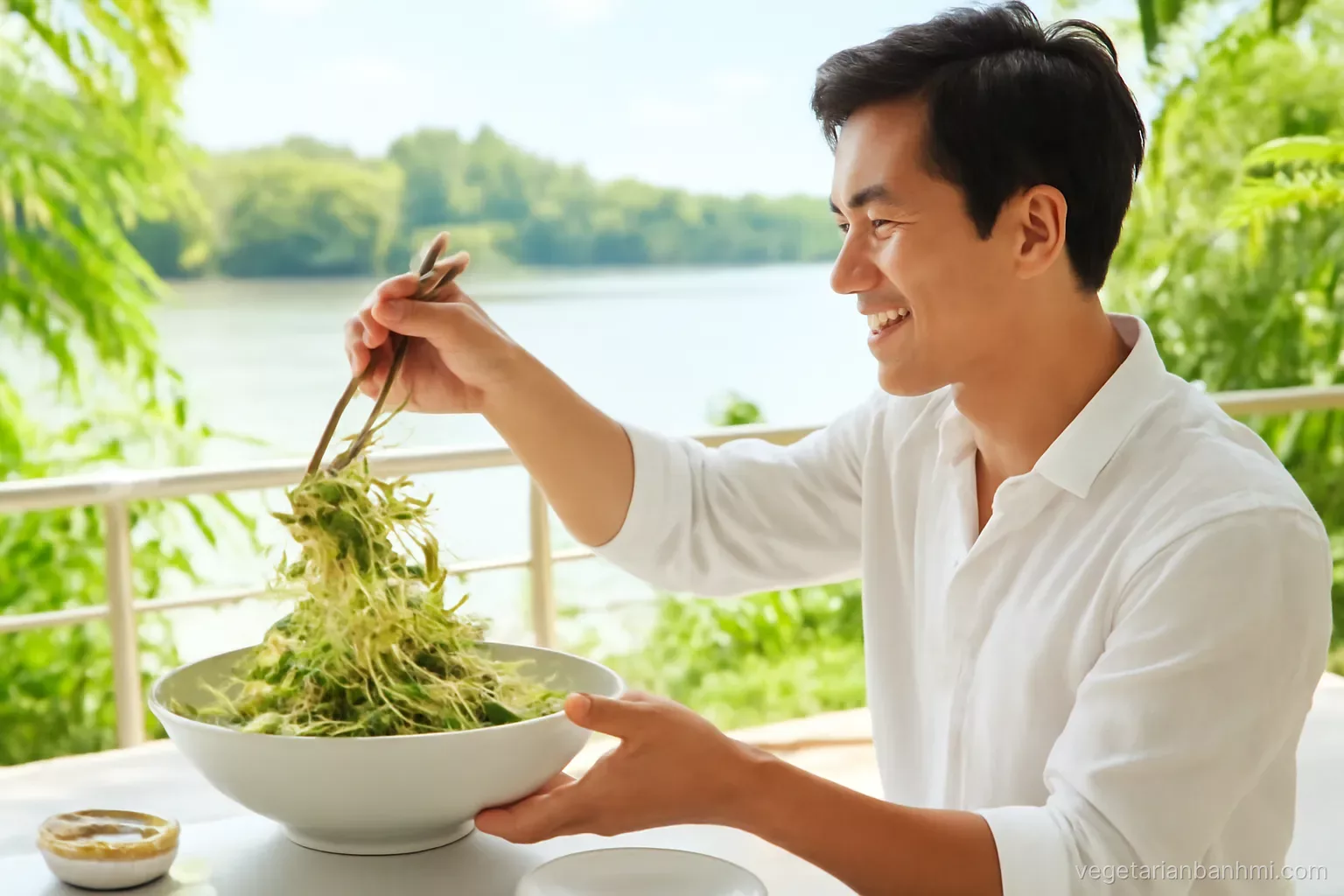 A Vietnamese man tossing shredded green papaya salad with herbs and peanuts in a large bowl on a breezy riverside terrace, side view, bright afternoon light, lush greenery
