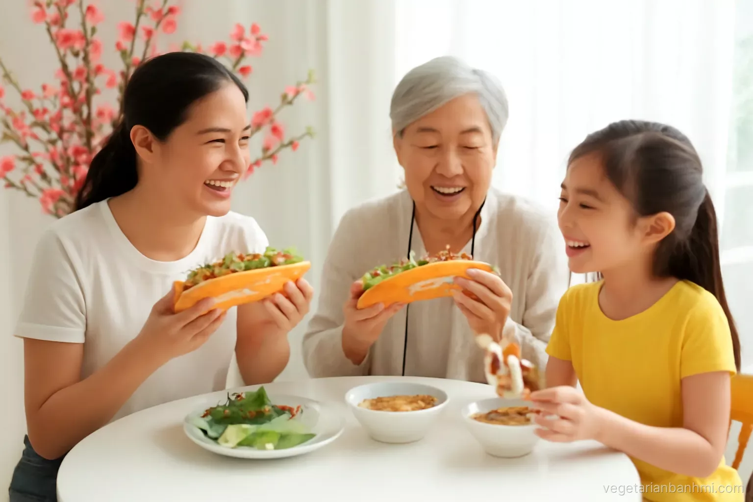 Three generations of a Vietnamese family sharing a vegan Vietnamese baguette sandwich split lengthwise, spring rolls and soup at a round table with peach blossoms, wide eye-level, cheerful daylight.