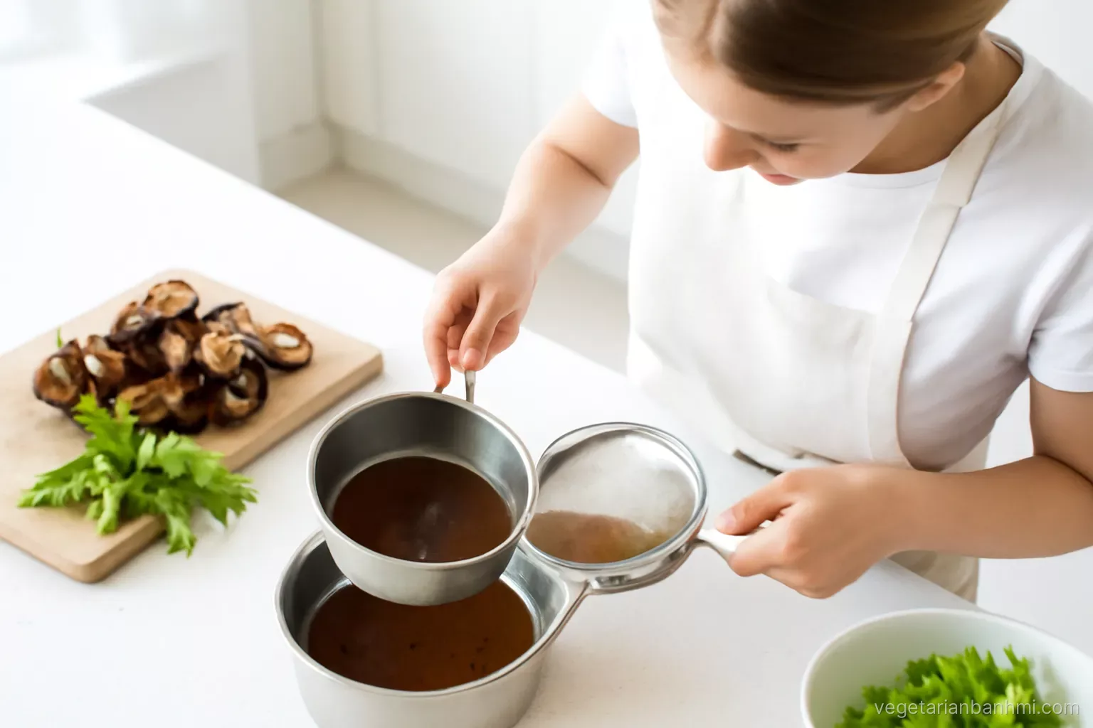 Overhead view of a woman straining dark shiitake stock through a fine sieve into a small saucepan, dried mushrooms and celery leaves on a cutting board, bright airy home kitchen