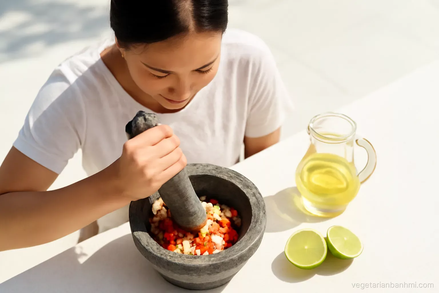 Top-down view of a Vietnamese woman pounding garlic and red chili in a stone mortar beside a glass jug of pale golden dipping sauce and halved limes, sunny outdoor counter.