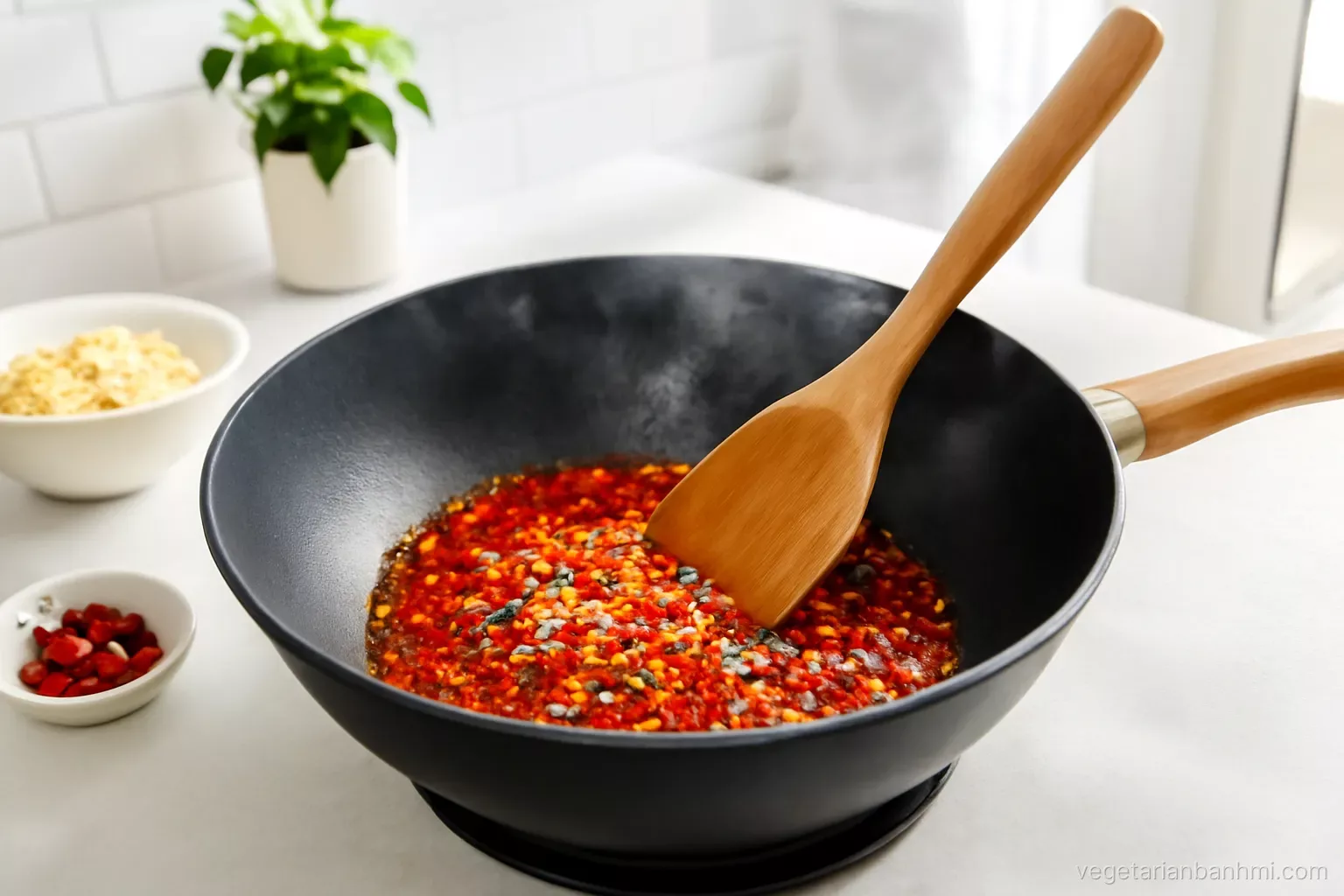 Overhead shot of a small wok with sizzling red lemongrass chili oil, minced lemongrass and shallots, wooden spatula, steam rising, bright modern home kitchen, crisp natural light
