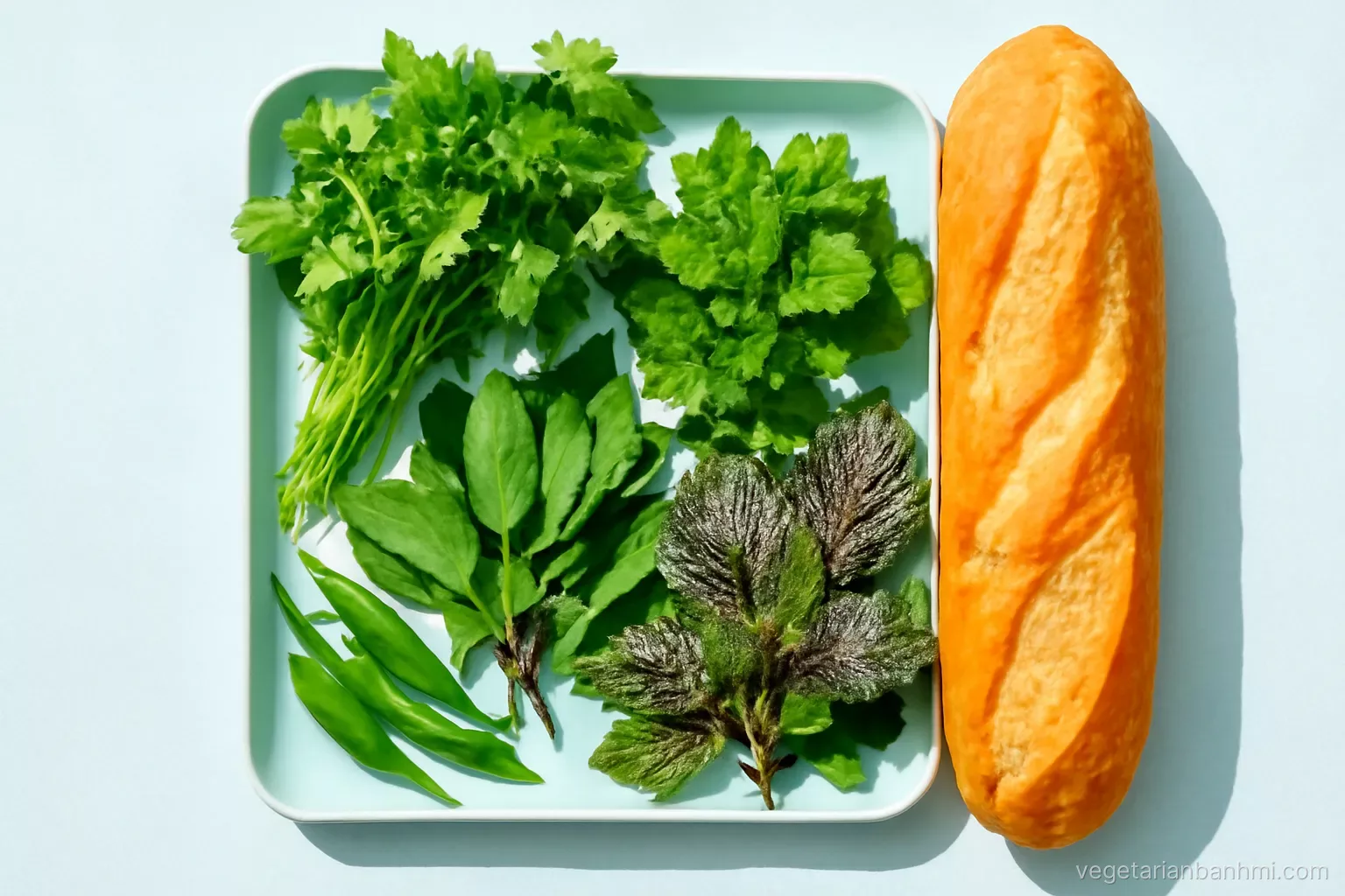 Vibrant overhead flat lay of fresh Vietnamese herbs, cilantro, Thai basil, mint, perilla and green chilies, on a pale blue ceramic tray beside a split crusty baguette, bright daylight